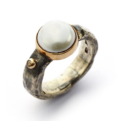 By Birdie Antique Pearl & Diamond Ring Oxideret Sølv m. 14 kt. Guld