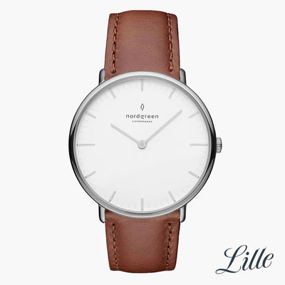 Nordgreen Native 32mm Hvid Skive Brun Læderrem