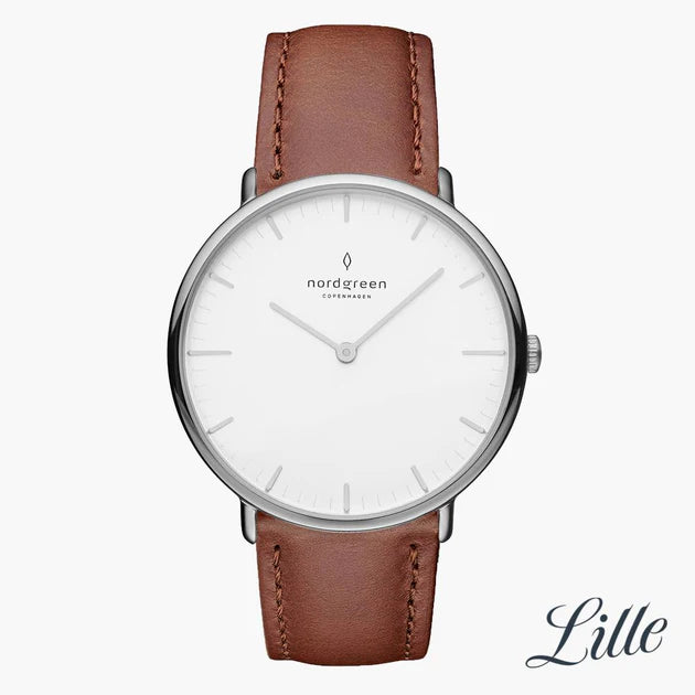 Nordgreen Native 32mm Hvid Skive Brun Læderrem
