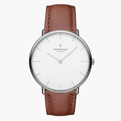 Nordgreen Native 40mm Hvid Skive Brun Læderrem
