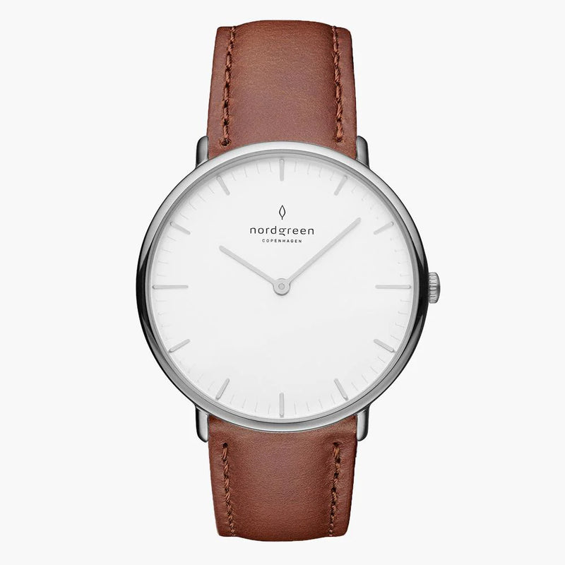 Nordgreen Native 40mm Hvid Skive Brun Læderrem
