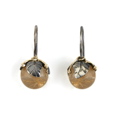 By Birdie Urban Leaf Drops Øreringe - Oxideret Sølv m. 14 kt. Guld & Rutilkvarts