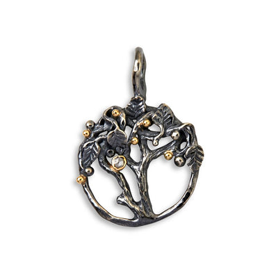 By Birdie Tree Of Life Small Vedhæng - Oxideret Sølv m. 14 kt. Guld & Diamant