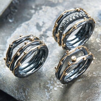By Birdie Zeus Tribeca Pavé Ring Oxideret Sølv m. 14 kt. Guld & Diamanter